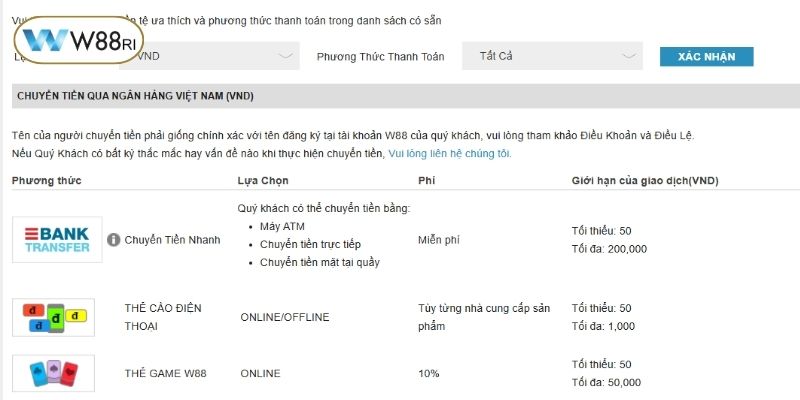 Chú ý mỗi phương thức thanh toán có hạn mức khác nhau